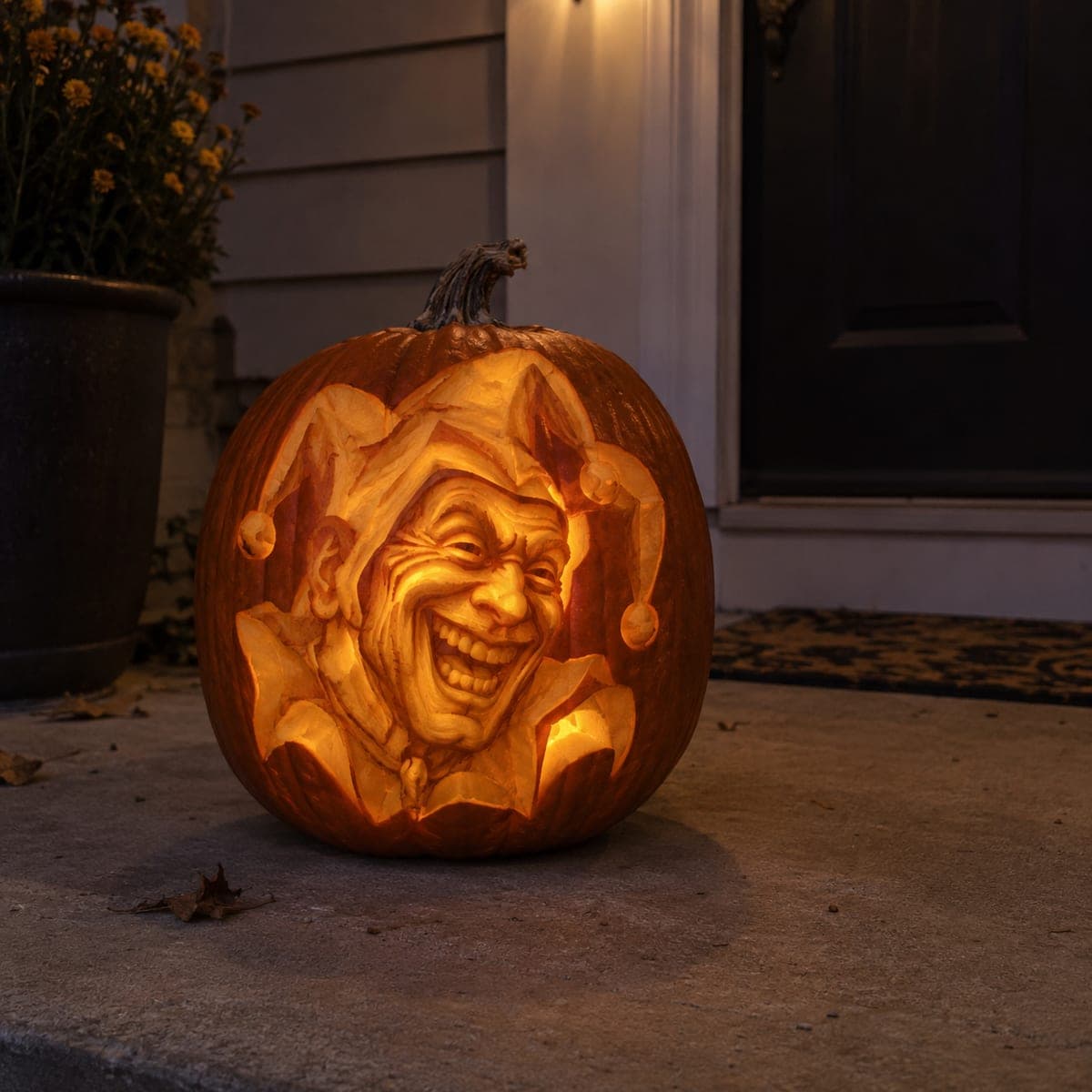 Grinning Jester Carved Pumpkin Face