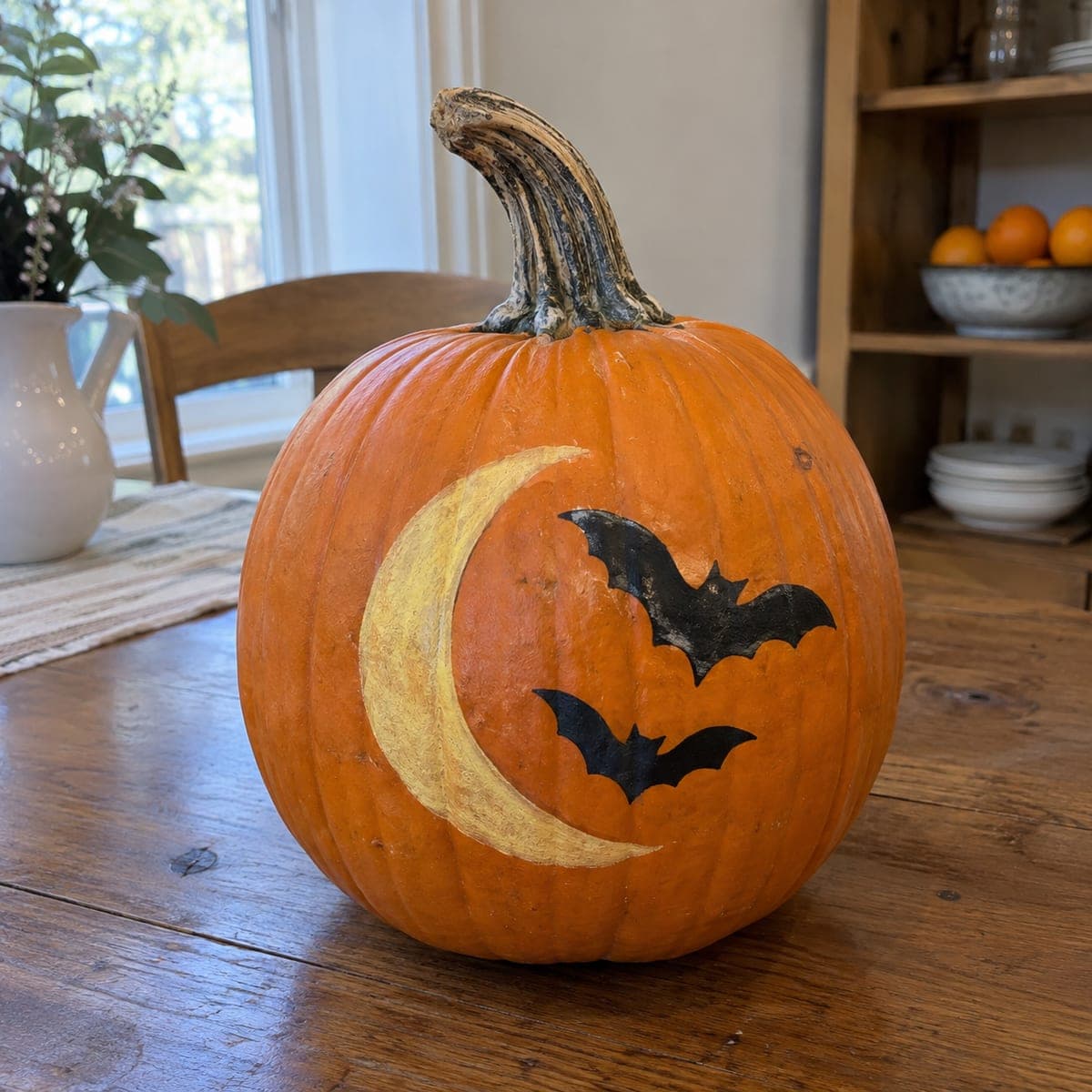 Crescent Moon and Bats Painted Pumpkin
