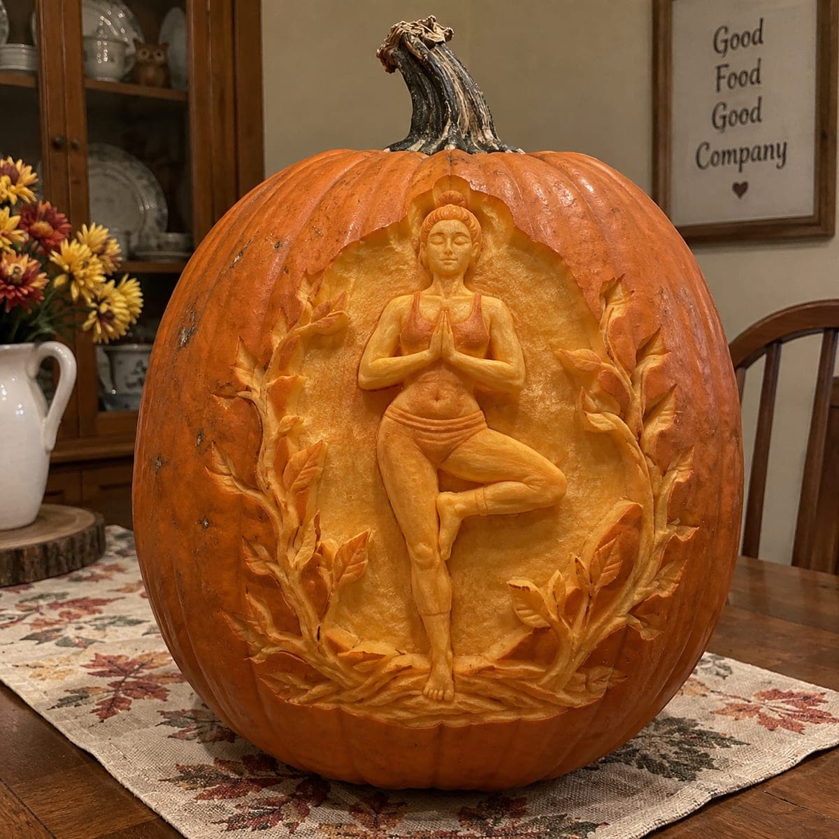 Yoga Tree Pose Relief Carved Pumpkin
