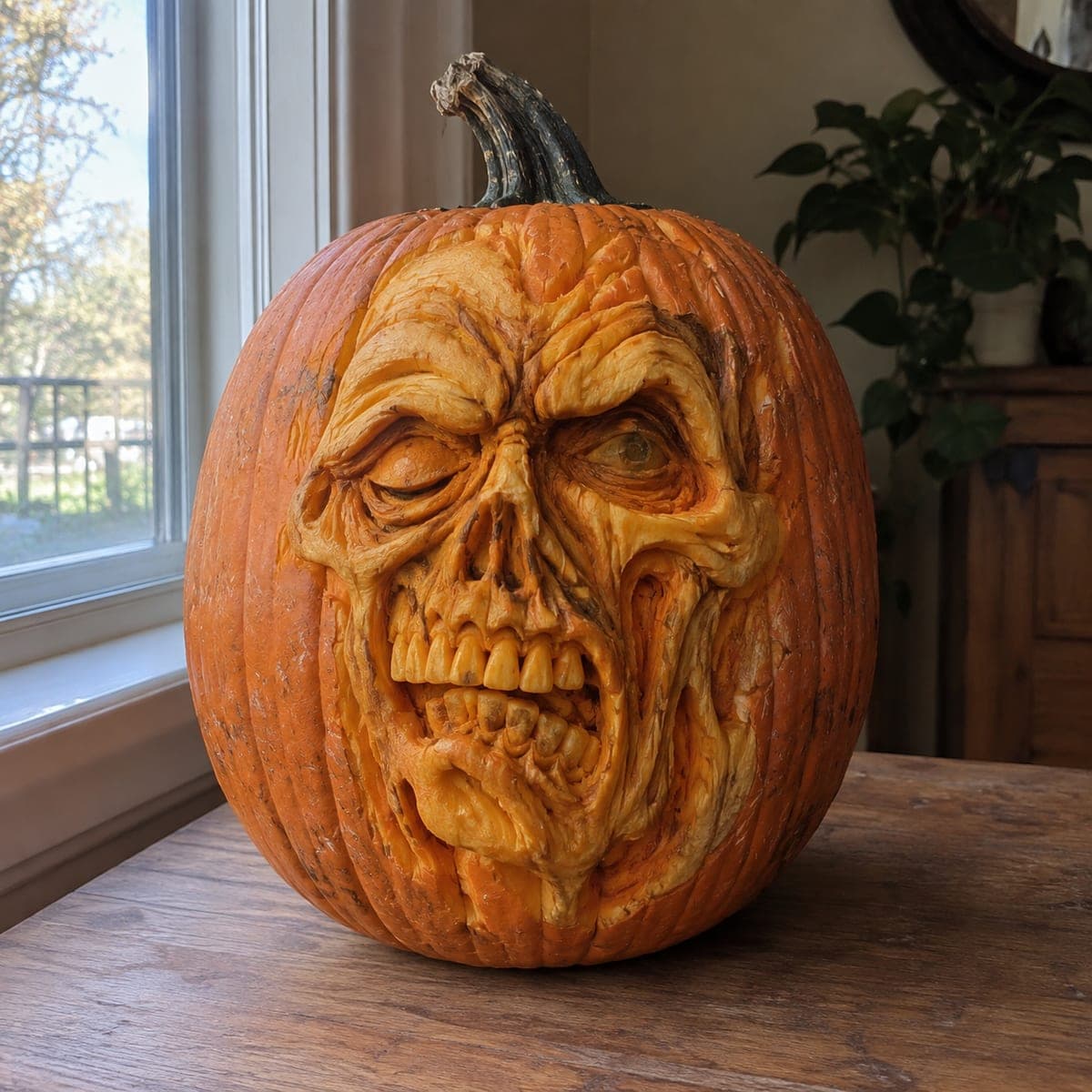 Rotting Zombie Skull Sculpted Pumpkin