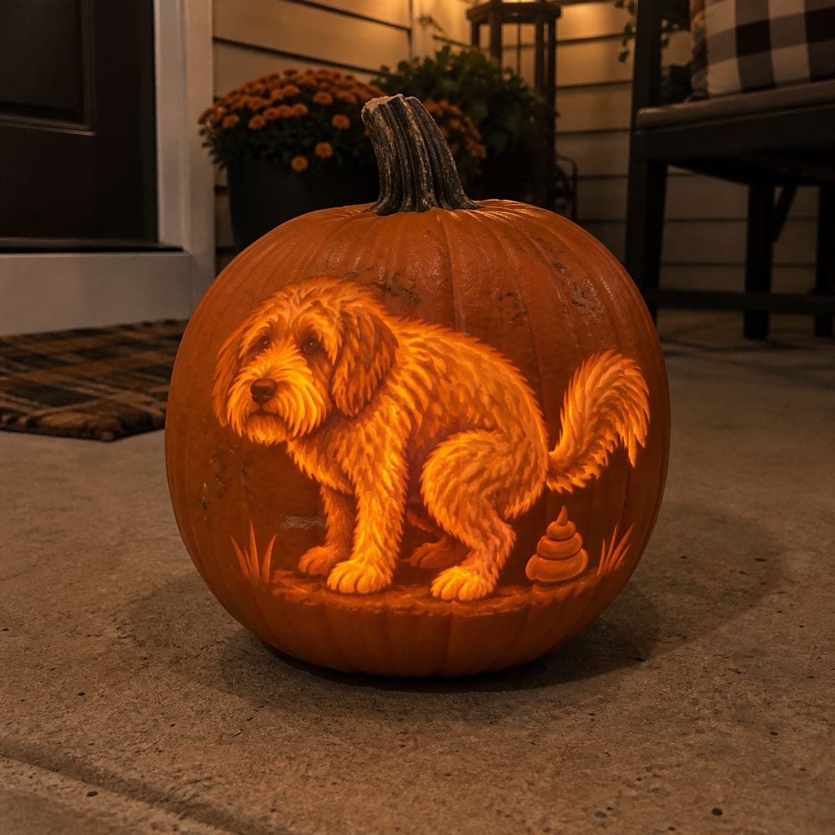 Funny Pooping Doodle Dog Etched Pumpkin