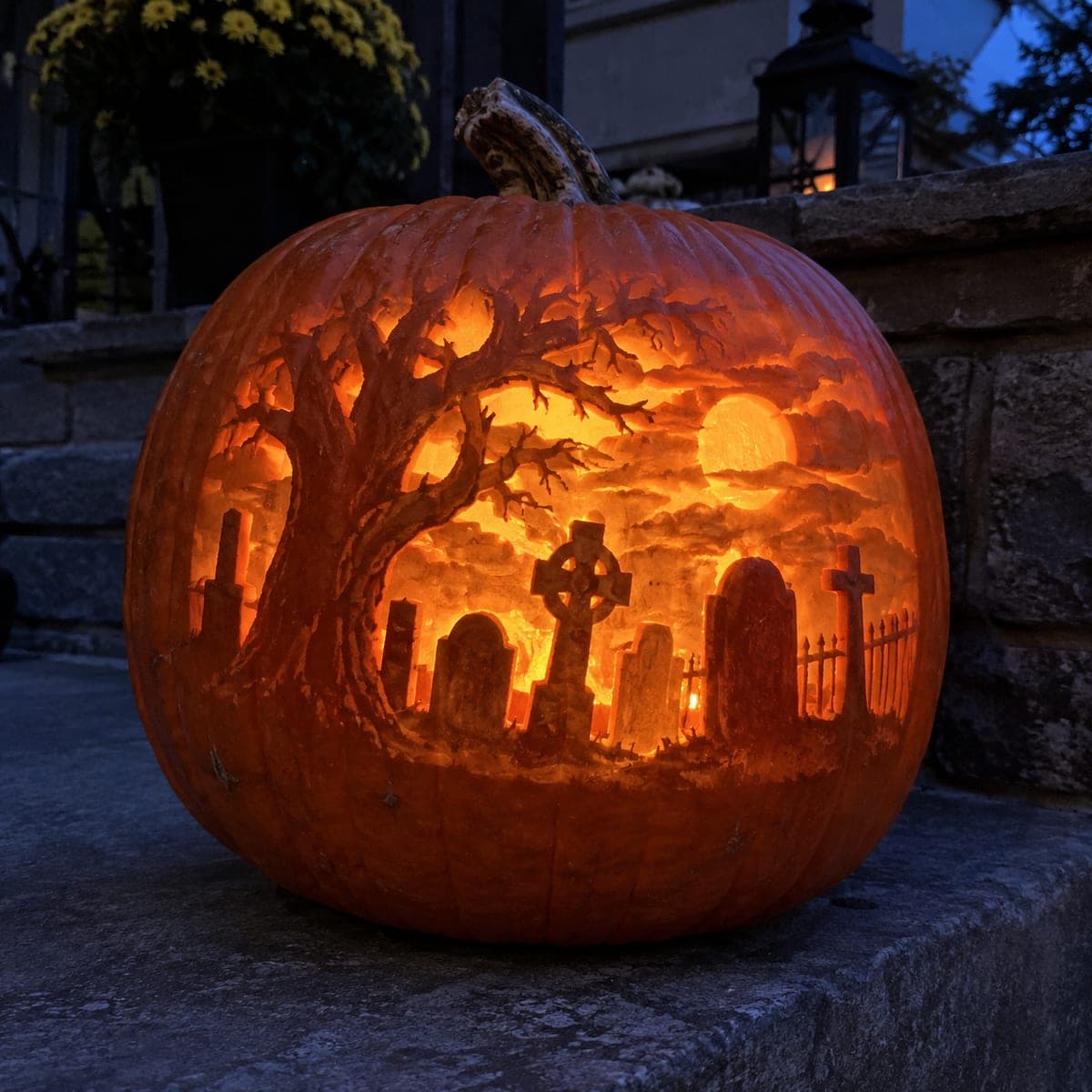 Haunted Graveyard and Gnarled Tree Pumpkin Scene