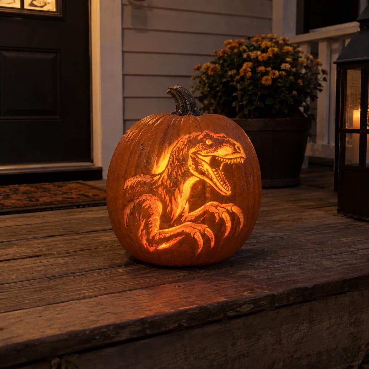 Roaring Raptor Dinosaur Etched Pumpkin