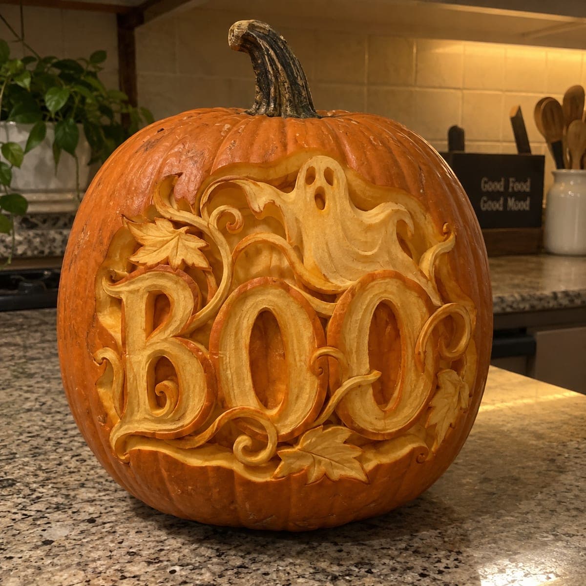 Ornate Boo Word Pumpkin With a Friendly Ghost