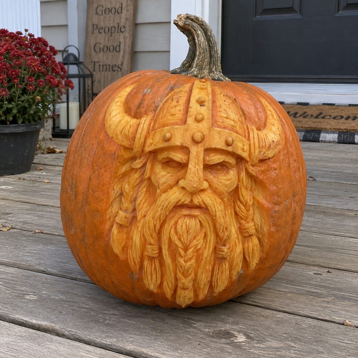 Bearded Viking Warrior Face Carved Pumpkin