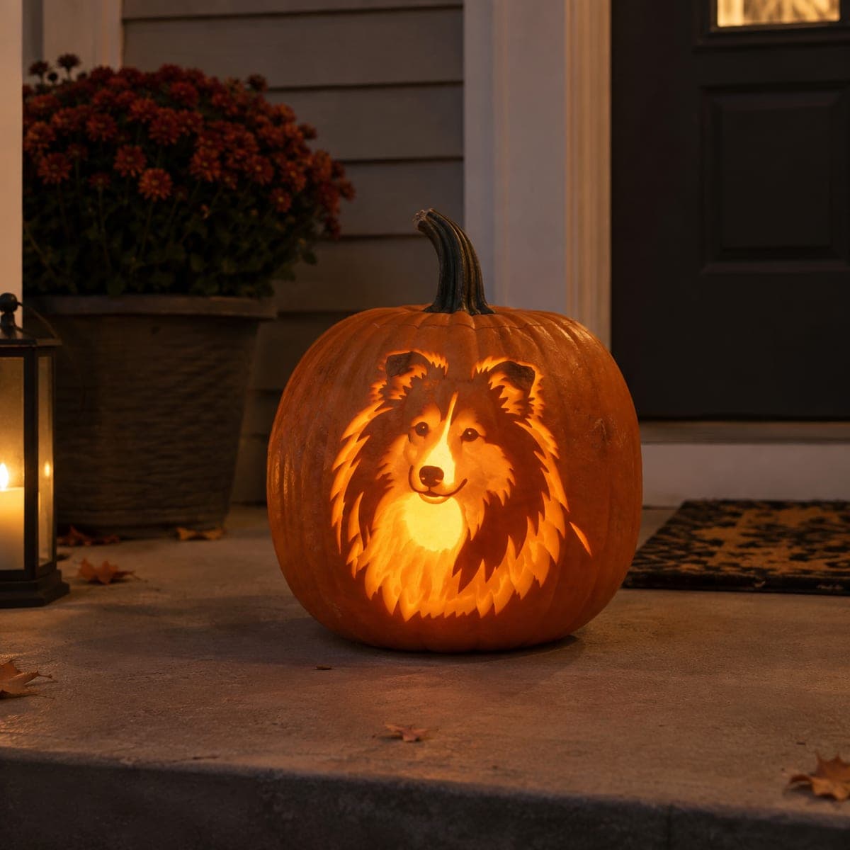 Sweet Sheltie Dog Face Carved Pumpkin