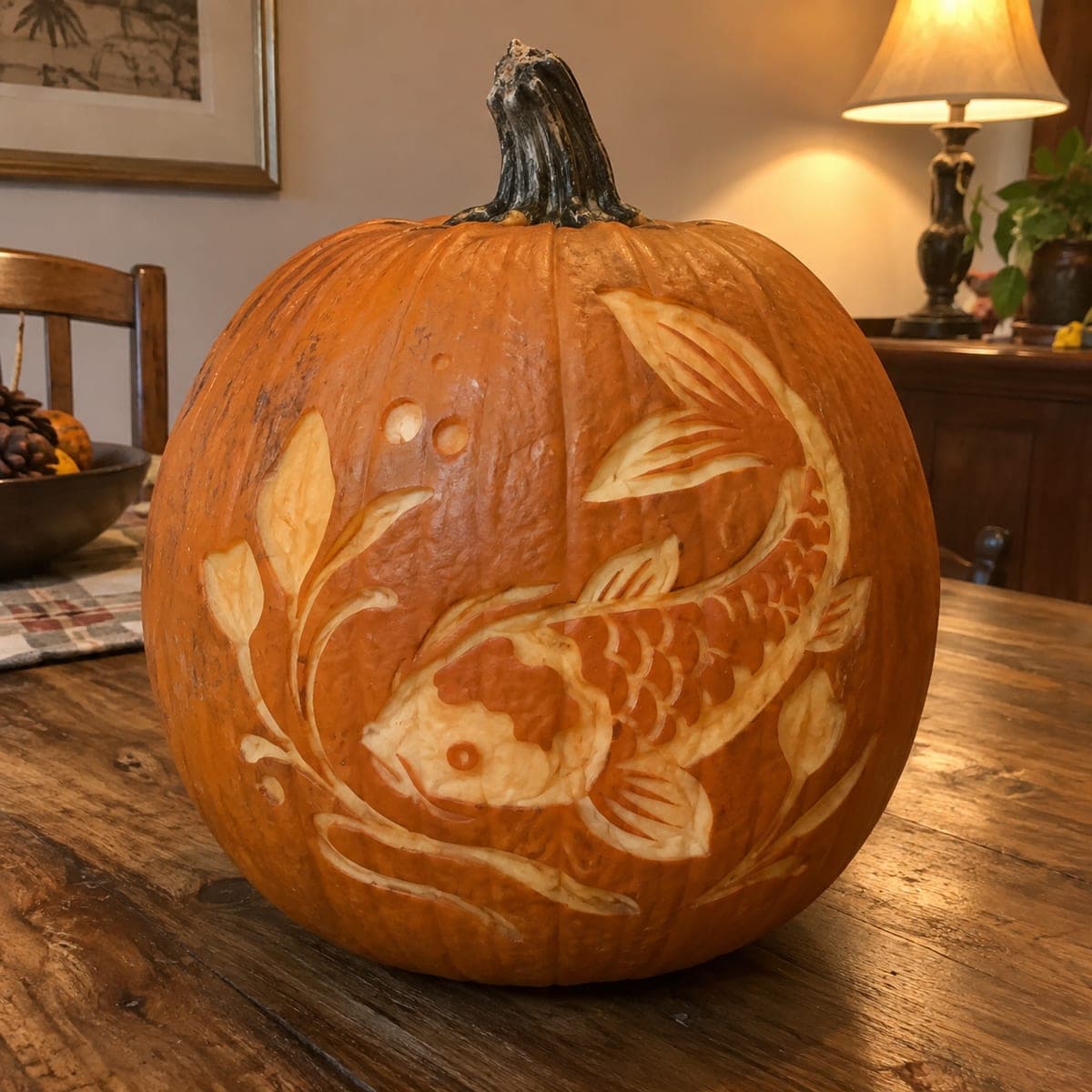 Japanese Koi Fish Pumpkin With Flowing Water Plants