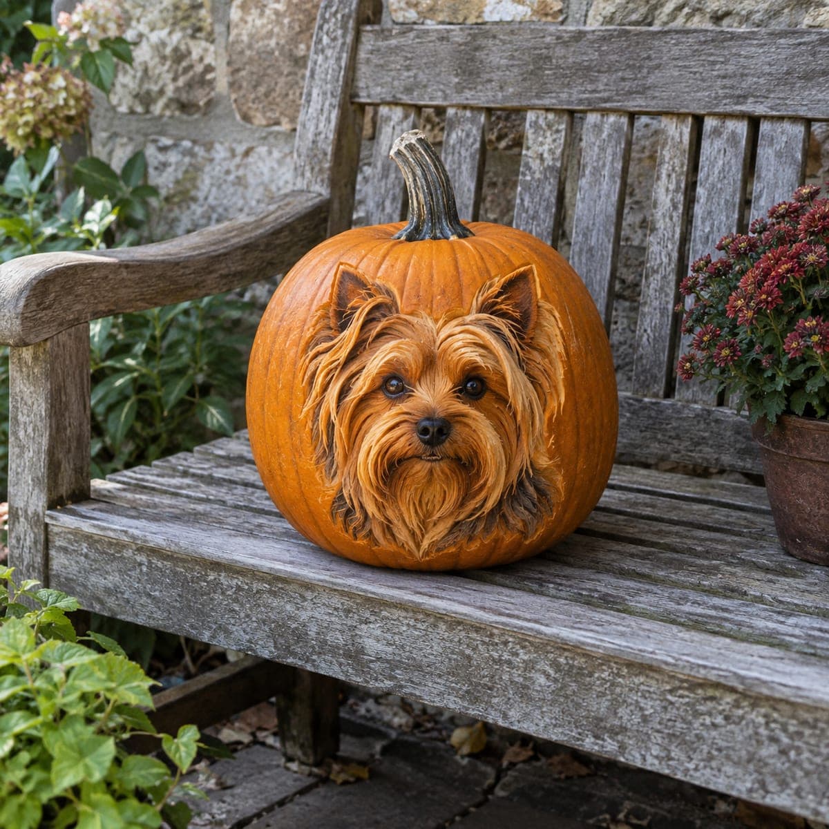 Lifelike Yorkshire Terrier Pumpkin Portrait