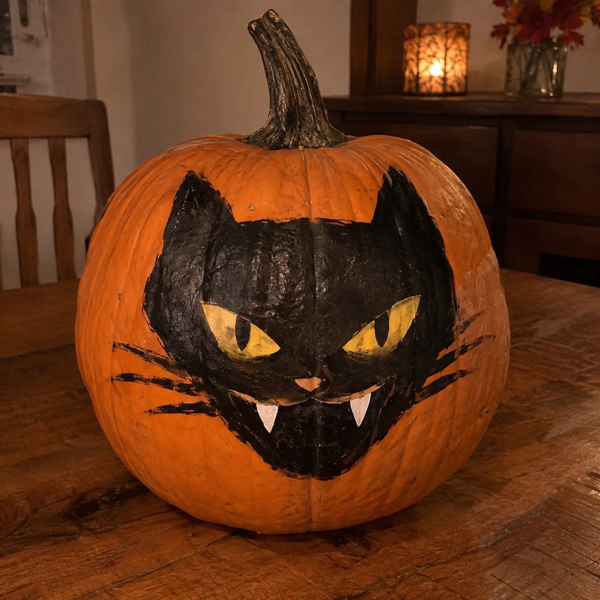 Vintage Black Cat Face Painted Pumpkin