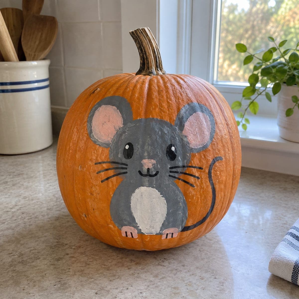 Adorable Gray Mouse No-Carve Painted Pumpkin