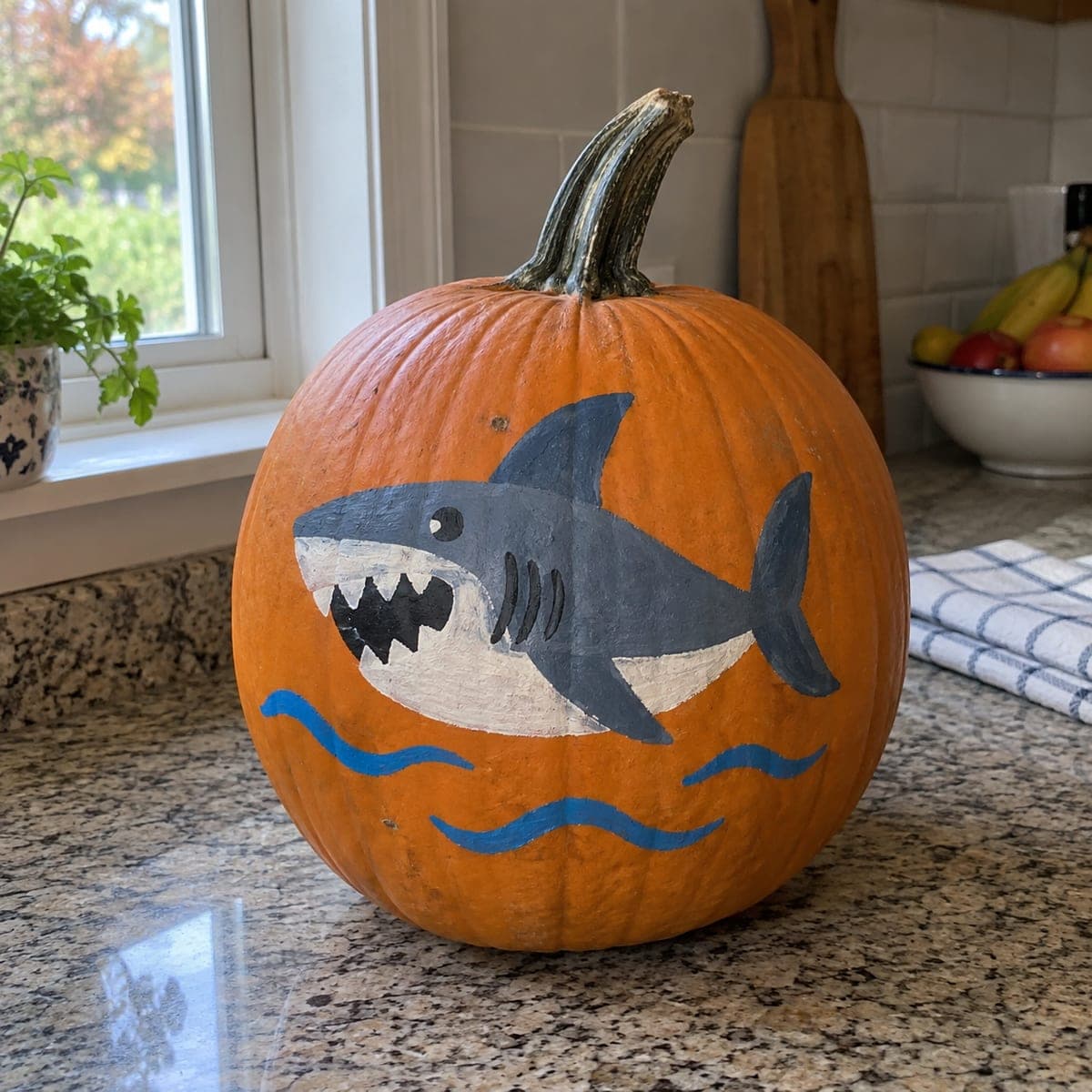 Smiling Great White Shark Painted Pumpkin