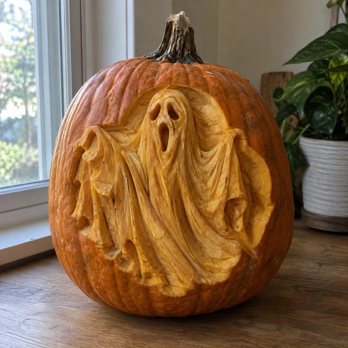Flowing Sheet Ghost Relief Carved Pumpkin