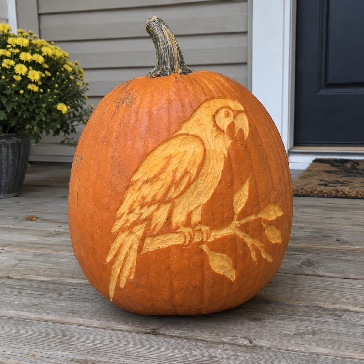 Perched Parrot on a Branch Etched Pumpkin