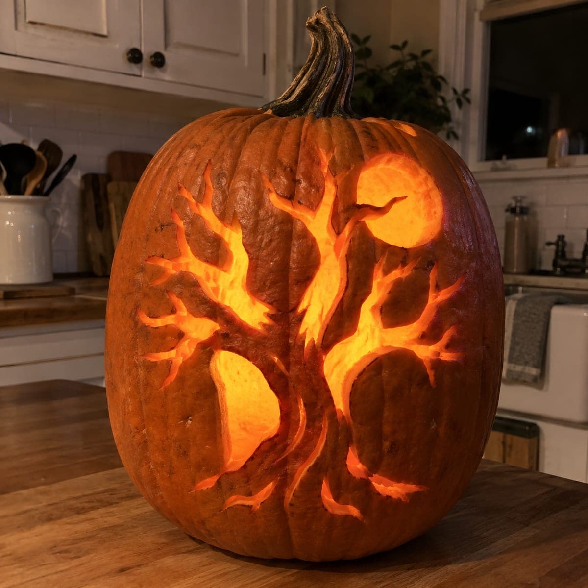 Spooky Bare Tree and Moon Pumpkin Carving
