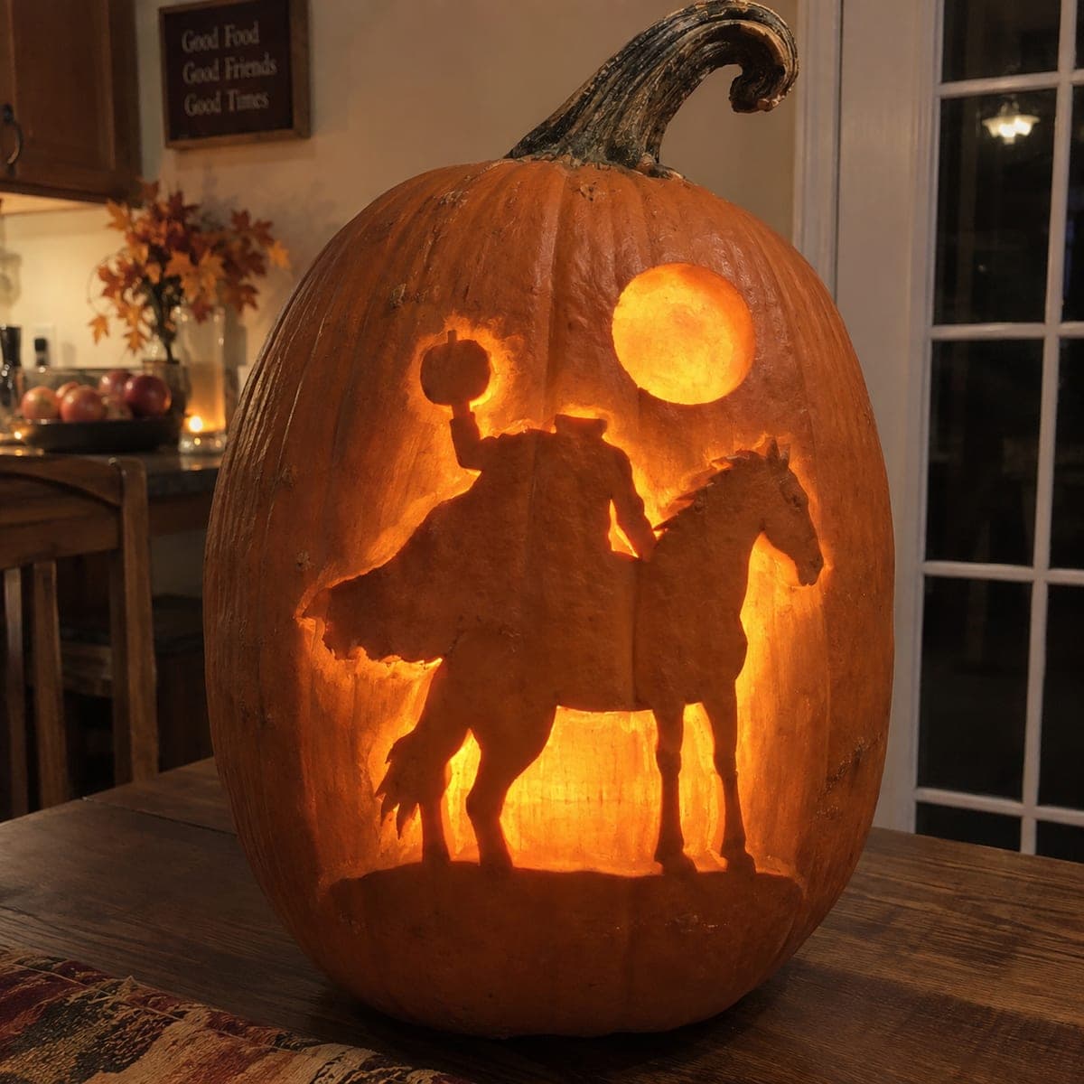 Headless Horseman Silhouette Pumpkin Under a Full Moon