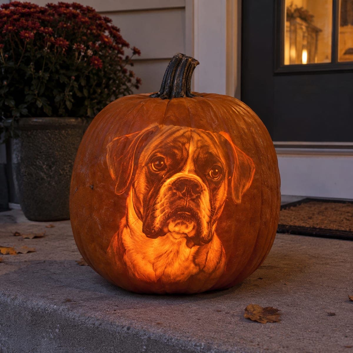 Soulful Boxer Dog Face Etched Pumpkin Portrait