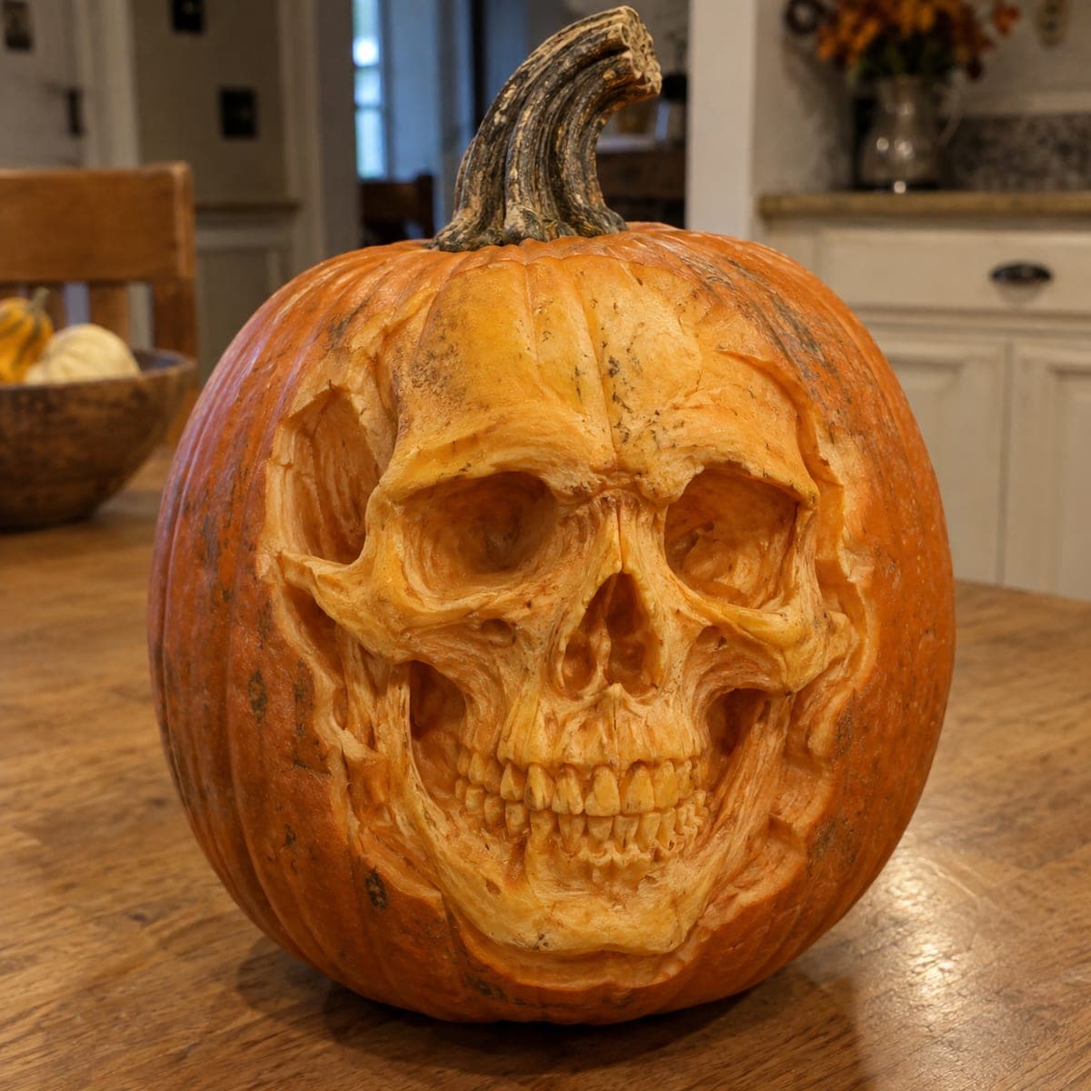 Realistic Human Skull Emerging From a Pumpkin