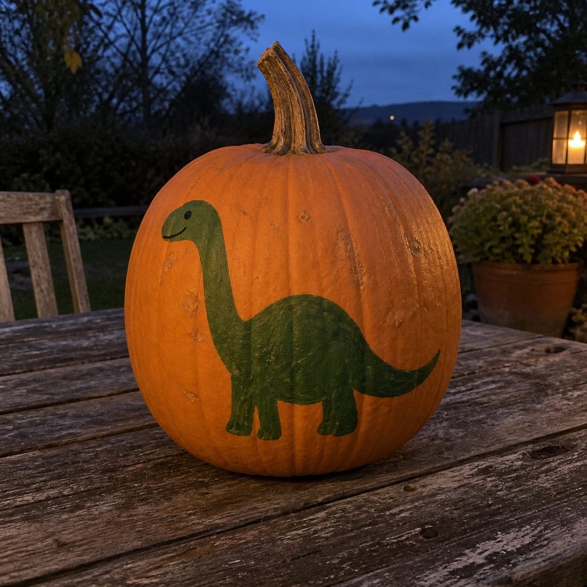 Friendly Green Dinosaur Painted Pumpkin for Kids