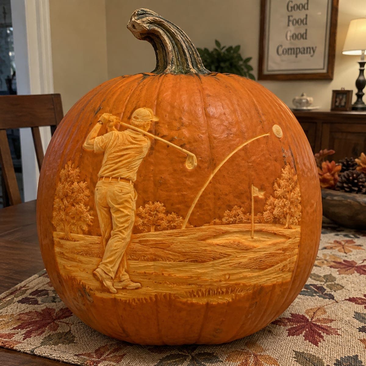 Golfer Mid-Swing Etched Pumpkin Scene