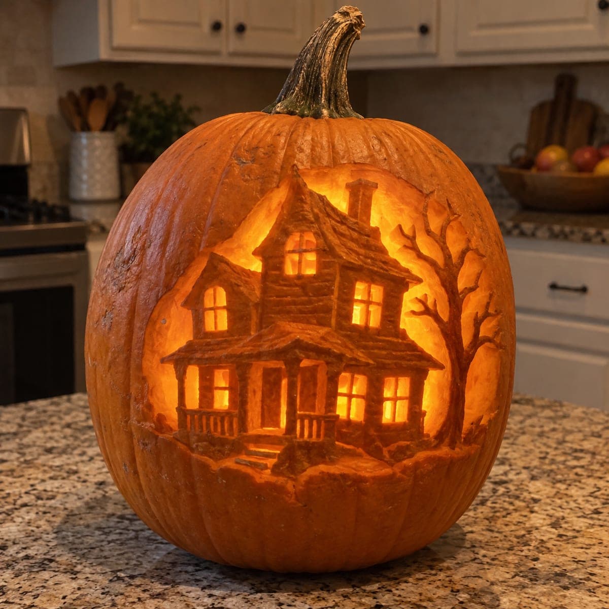 Haunted Victorian House Pumpkin Carving With Glowing Windows