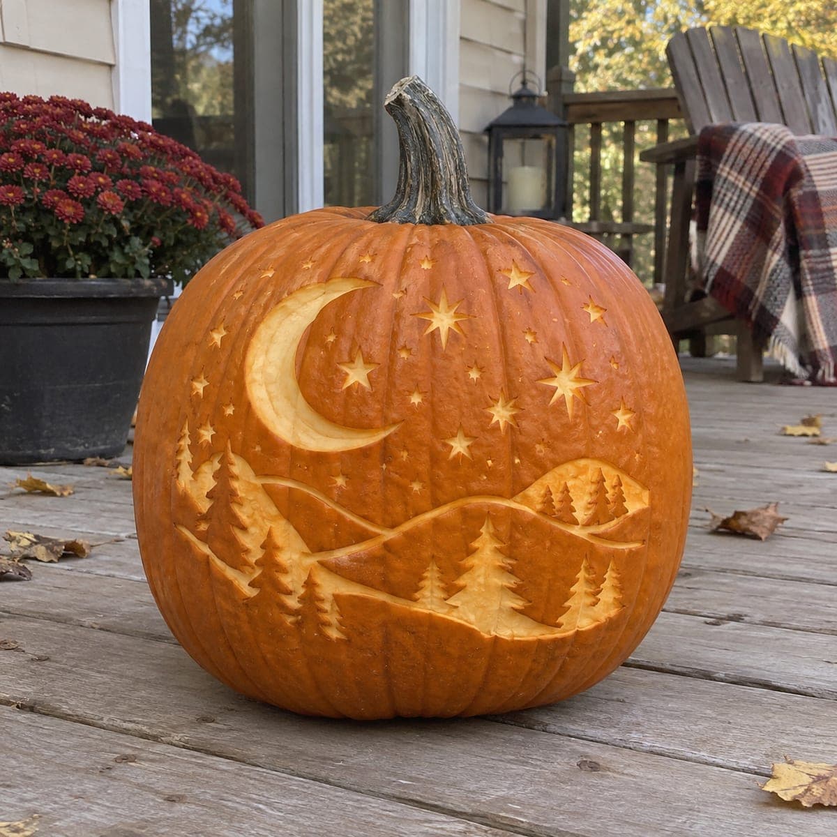Crescent Moon and Starry Mountain Pumpkin Scene