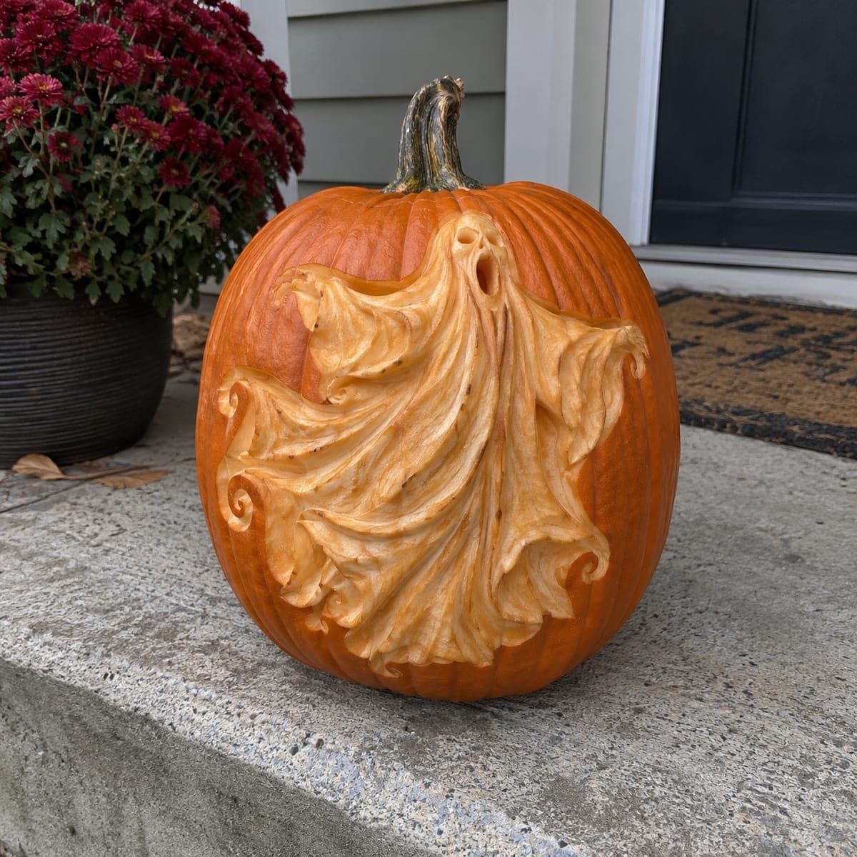 Ghost Emerging From the Pumpkin 3D Relief Carving