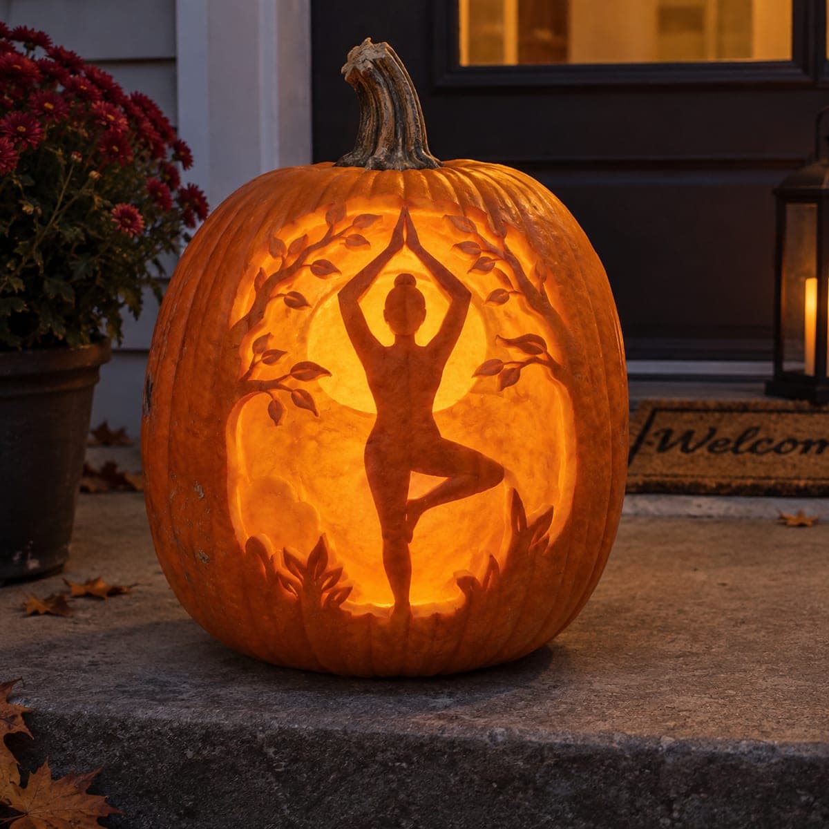 Tree Pose Yoga Silhouette Pumpkin With Full Moon
