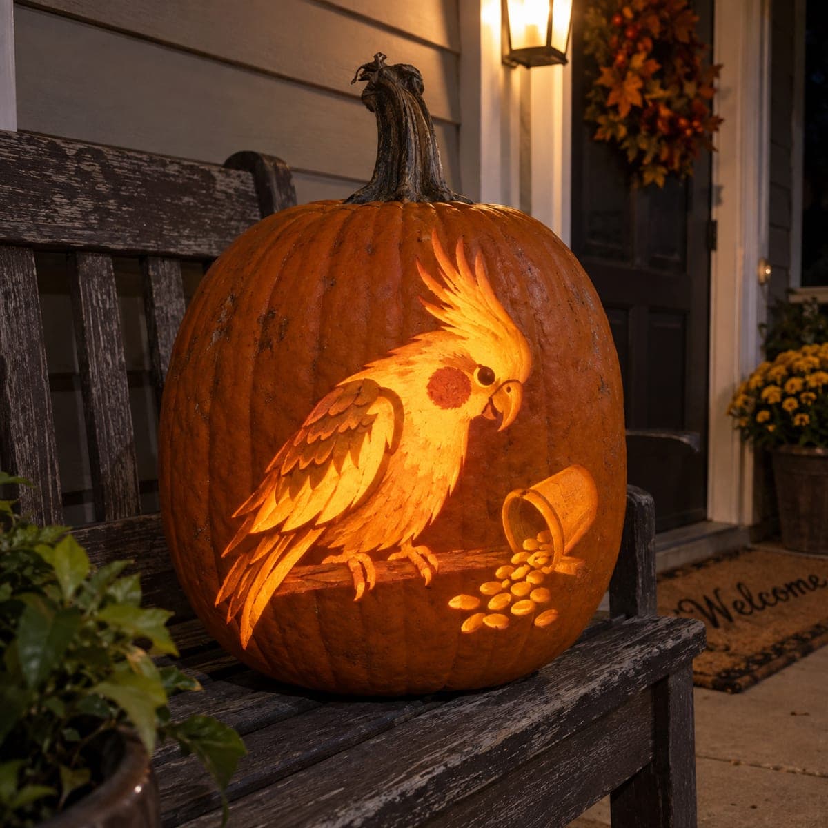 Cockatiel and Spilled Seeds Pumpkin Carving