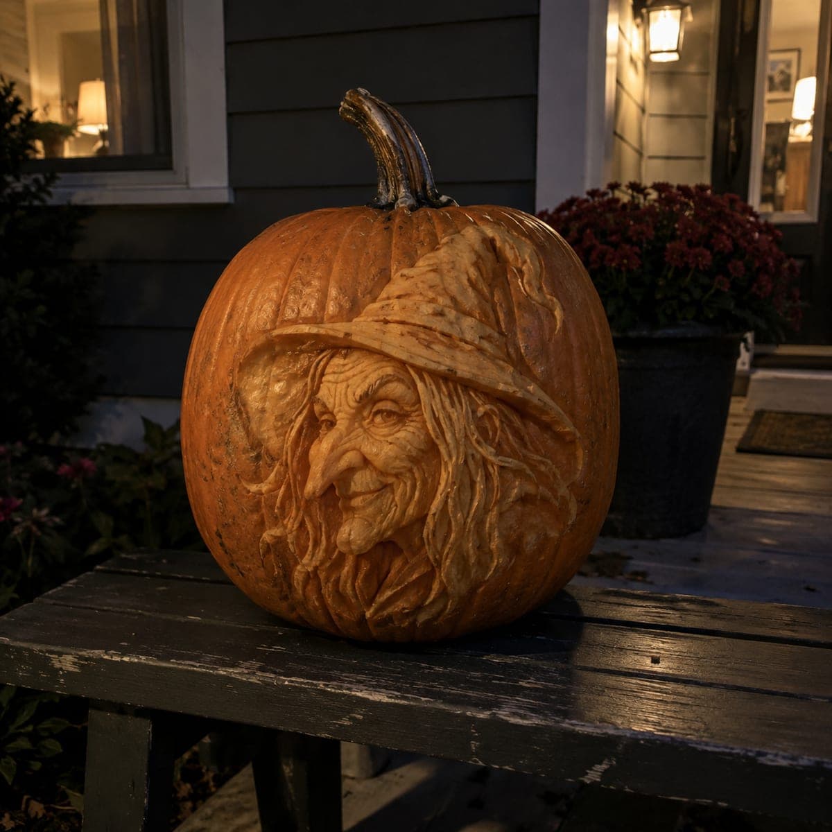 Old Witch Face Relief Carved Pumpkin