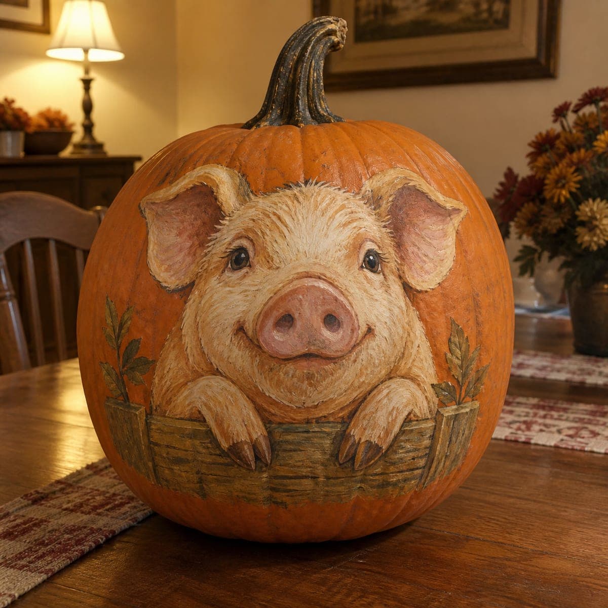 Pig Peeking Over a Fence No-Carve Pumpkin