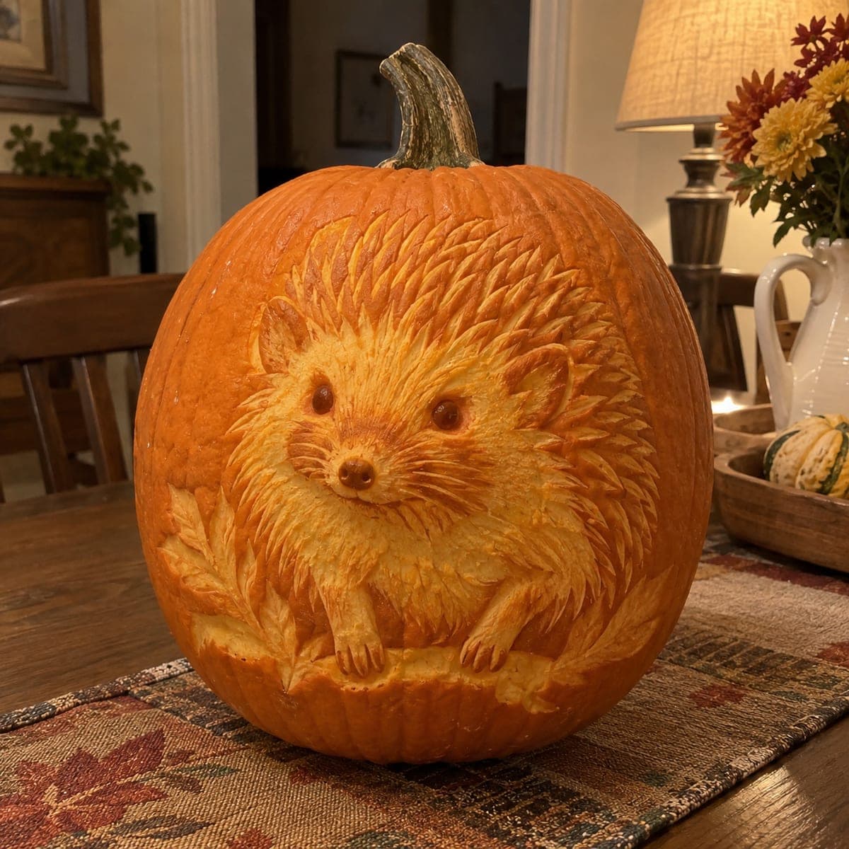Hedgehog and Autumn Leaves Sculpted Pumpkin