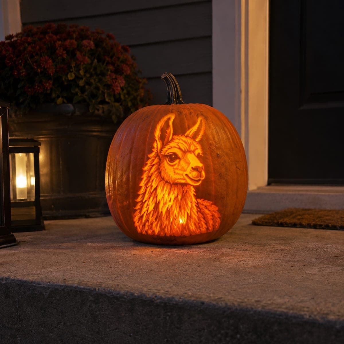 Llama Portrait Etched Glowing Pumpkin