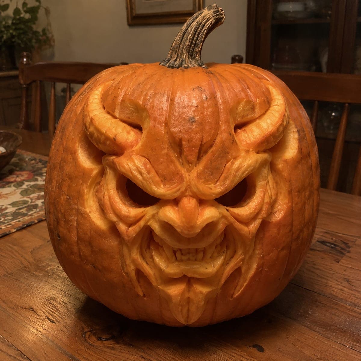 Horned Demon Face Pumpkin With Sculpted Fangs