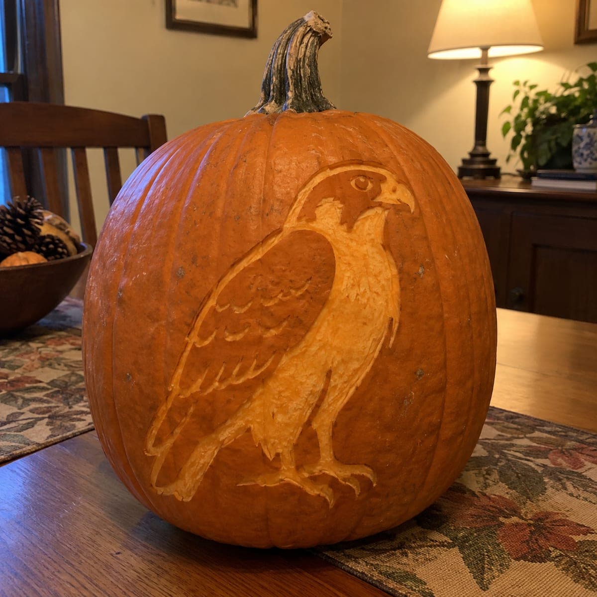 Perched Hawk Pumpkin Carving in Etched Relief