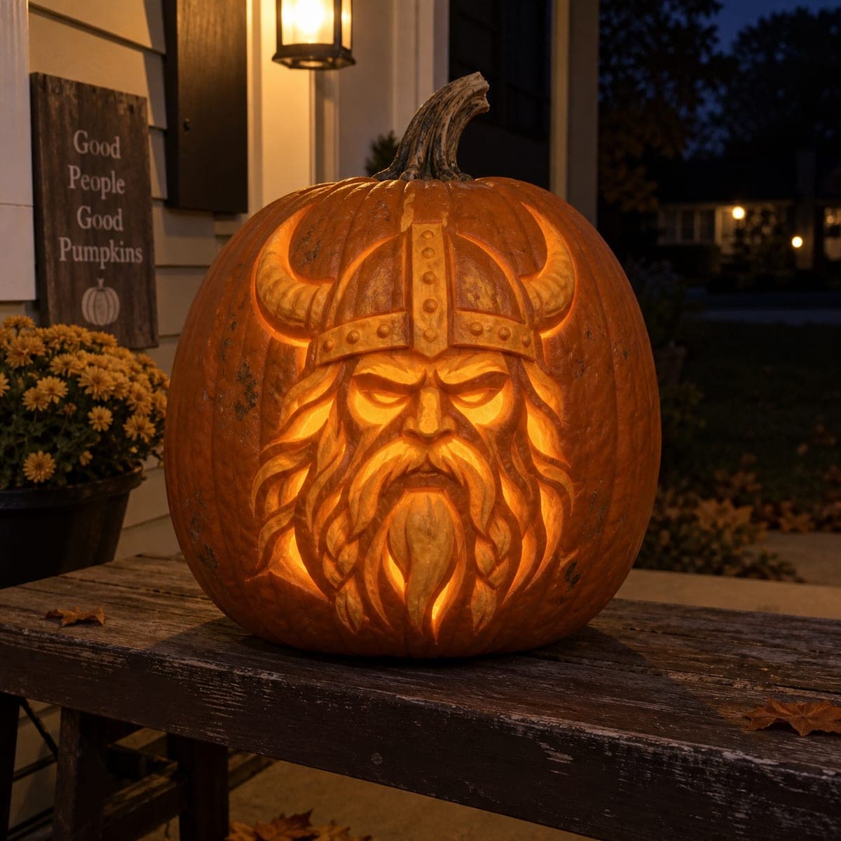 Fierce Viking Warrior Pumpkin With Horned Helmet