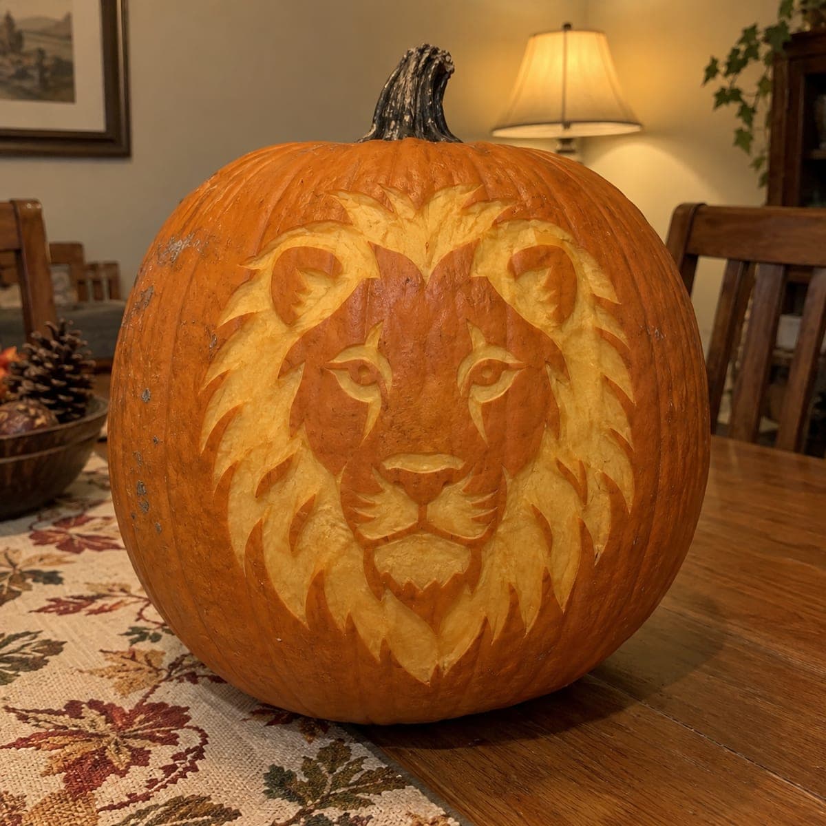 Majestic Lion Portrait Pumpkin With Layered Mane