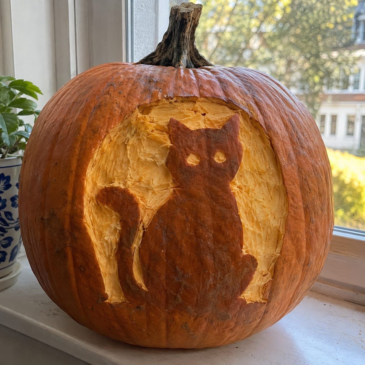 Sitting Cat Silhouette Pumpkin Carved in Relief