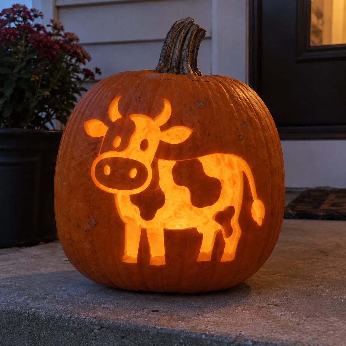 Cartoon Cow Jack-O-Lantern Glowing at Night