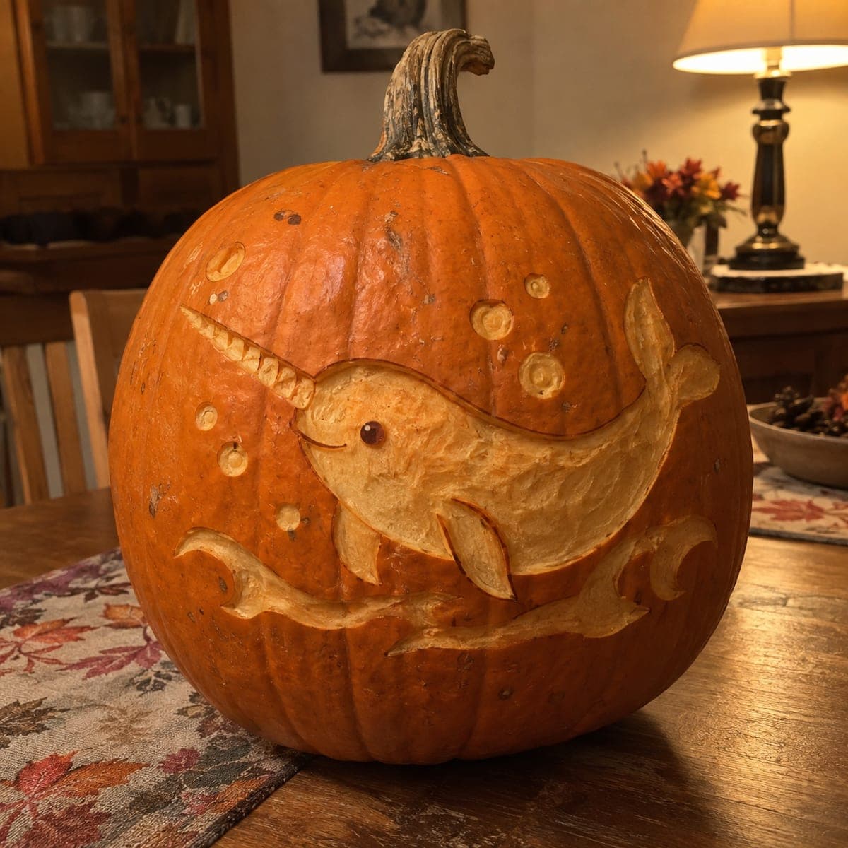 Whimsical Narwhal Pumpkin With Etched Bubbles