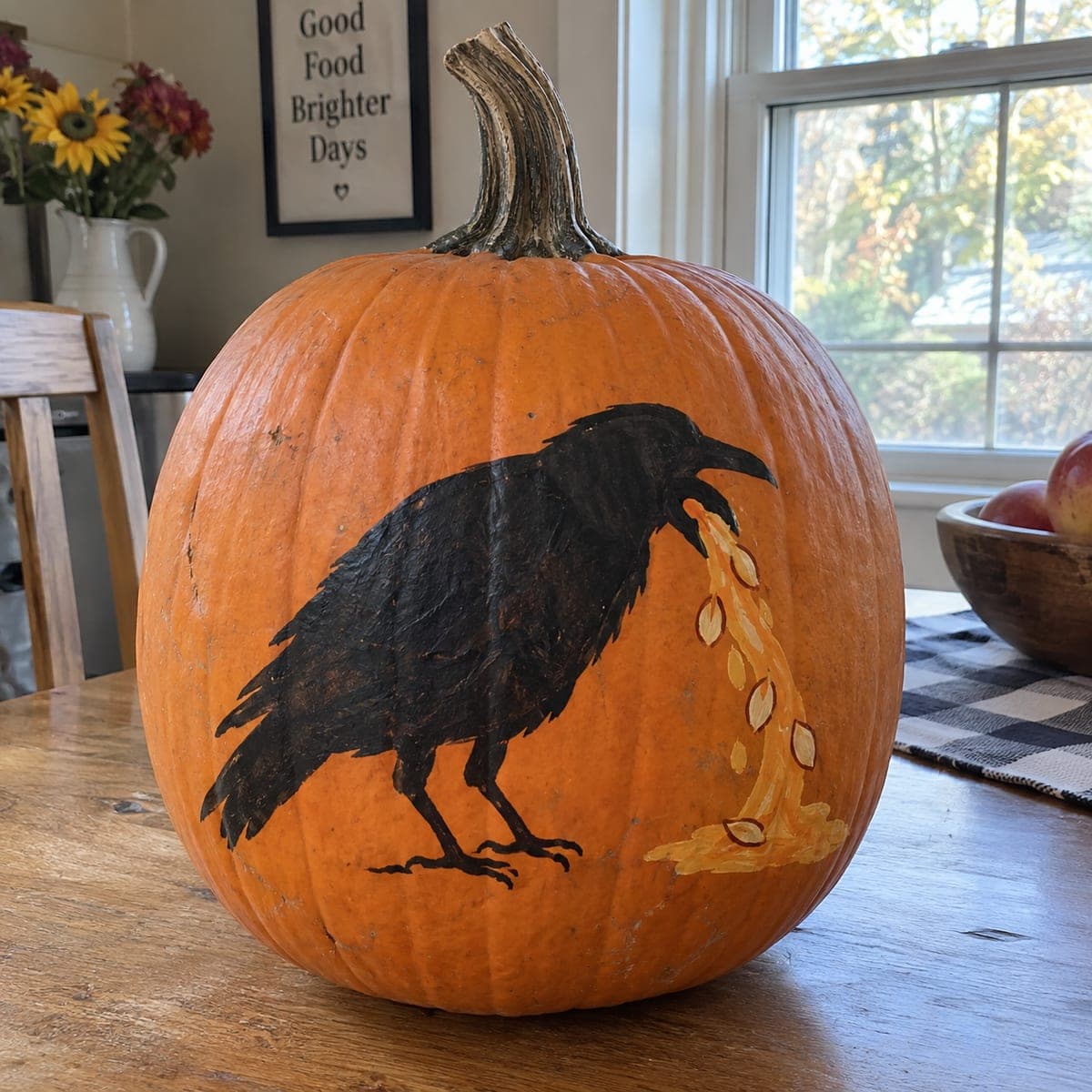 Painted Crow Pumpkin Spilling Candy Corn