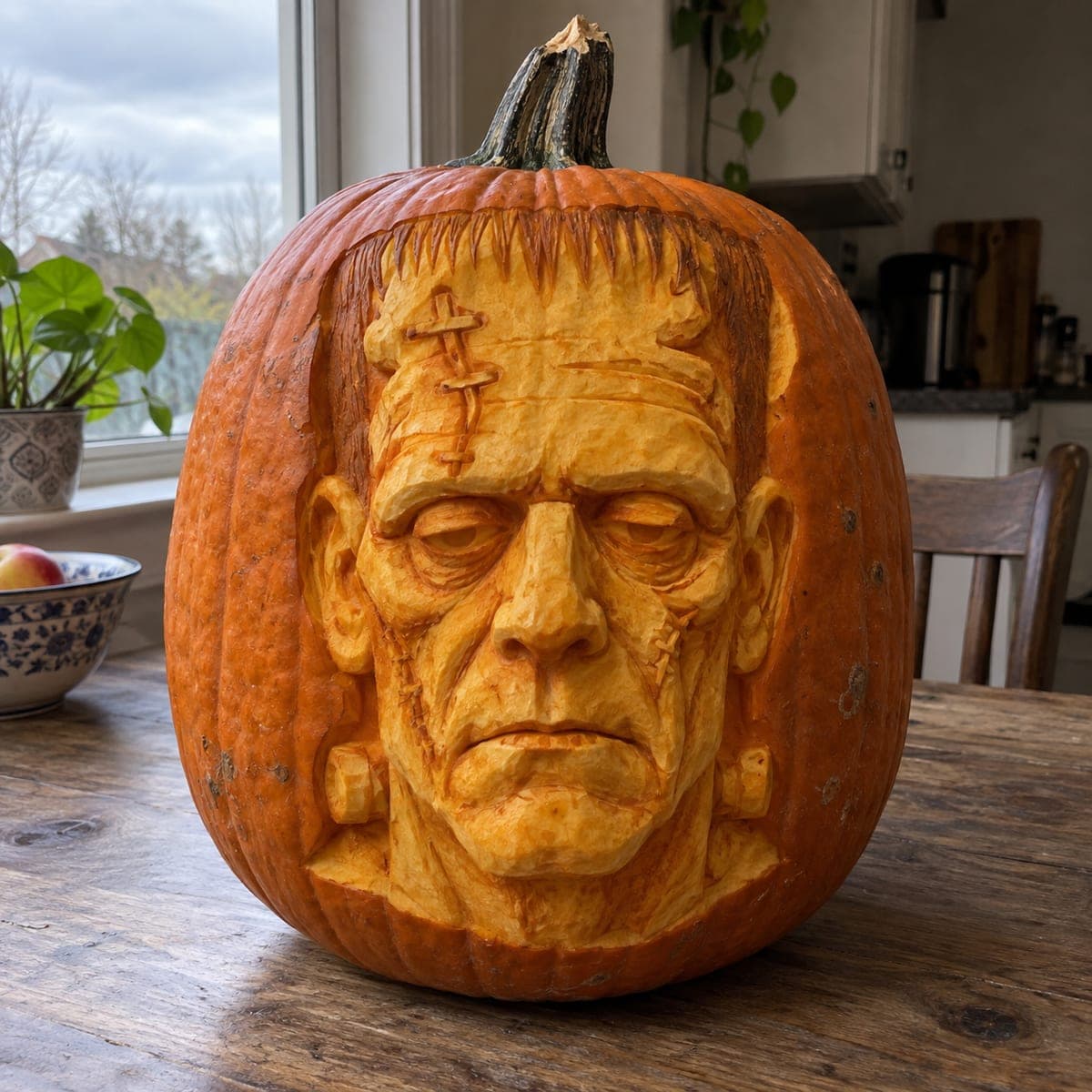 Frankenstein Monster Bust Carved From a Pumpkin