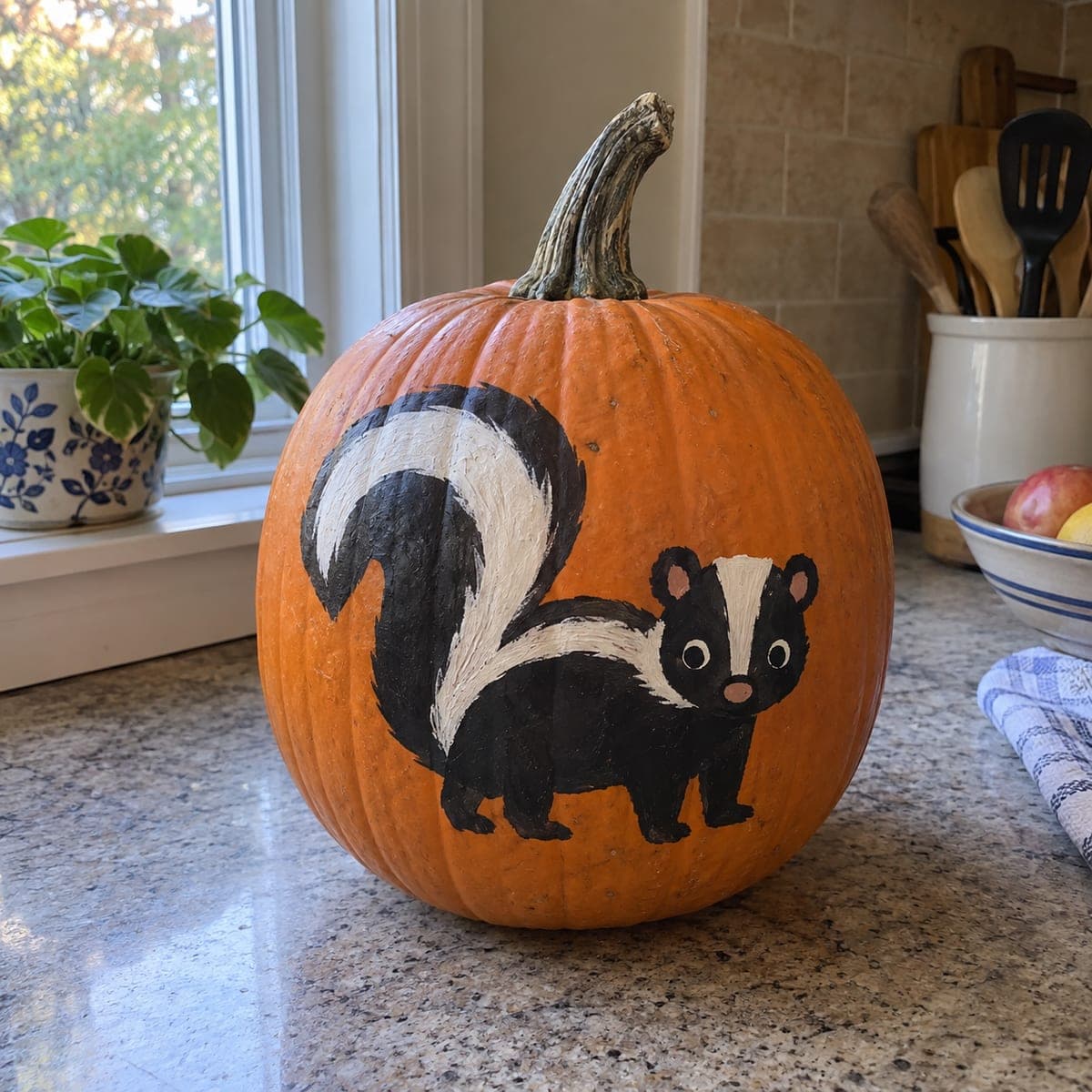 Cute Skunk No-Carve Pumpkin for the Kitchen