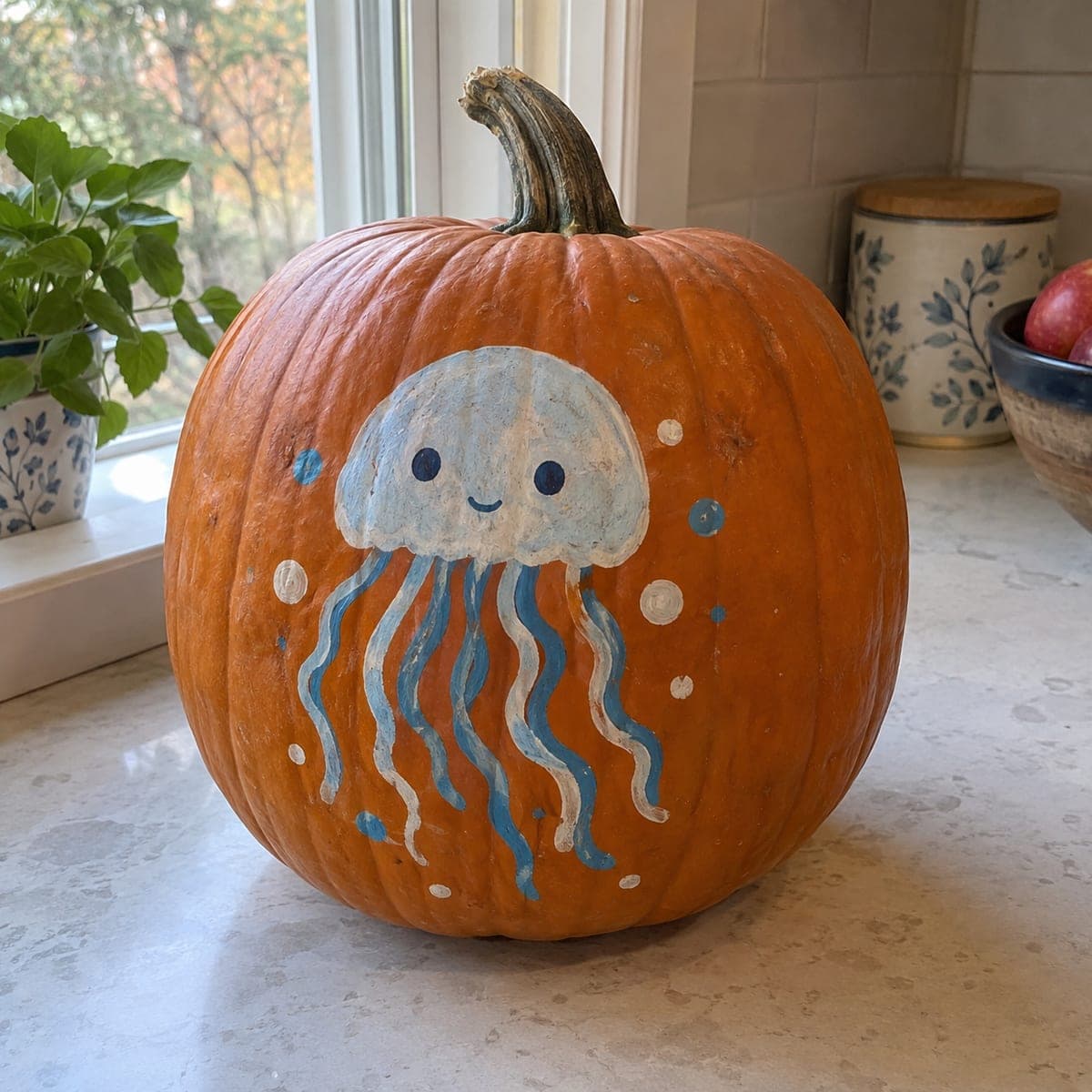 Smiling Jellyfish Painted Pumpkin With Wavy Tentacles