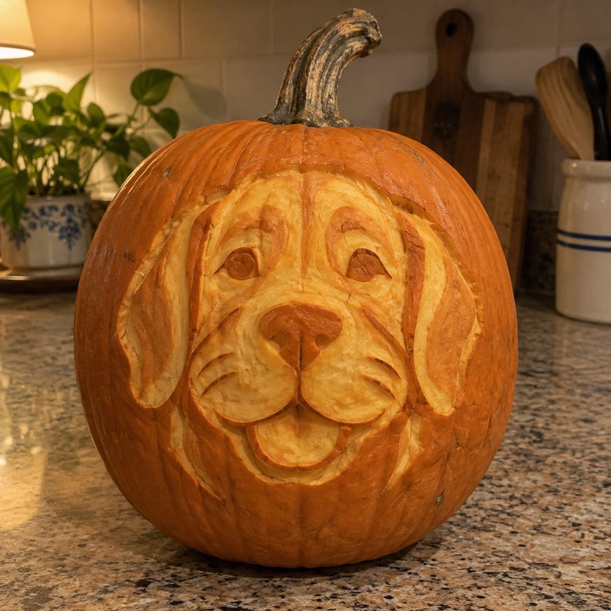 Golden Retriever Portrait Pumpkin With Carved Shading