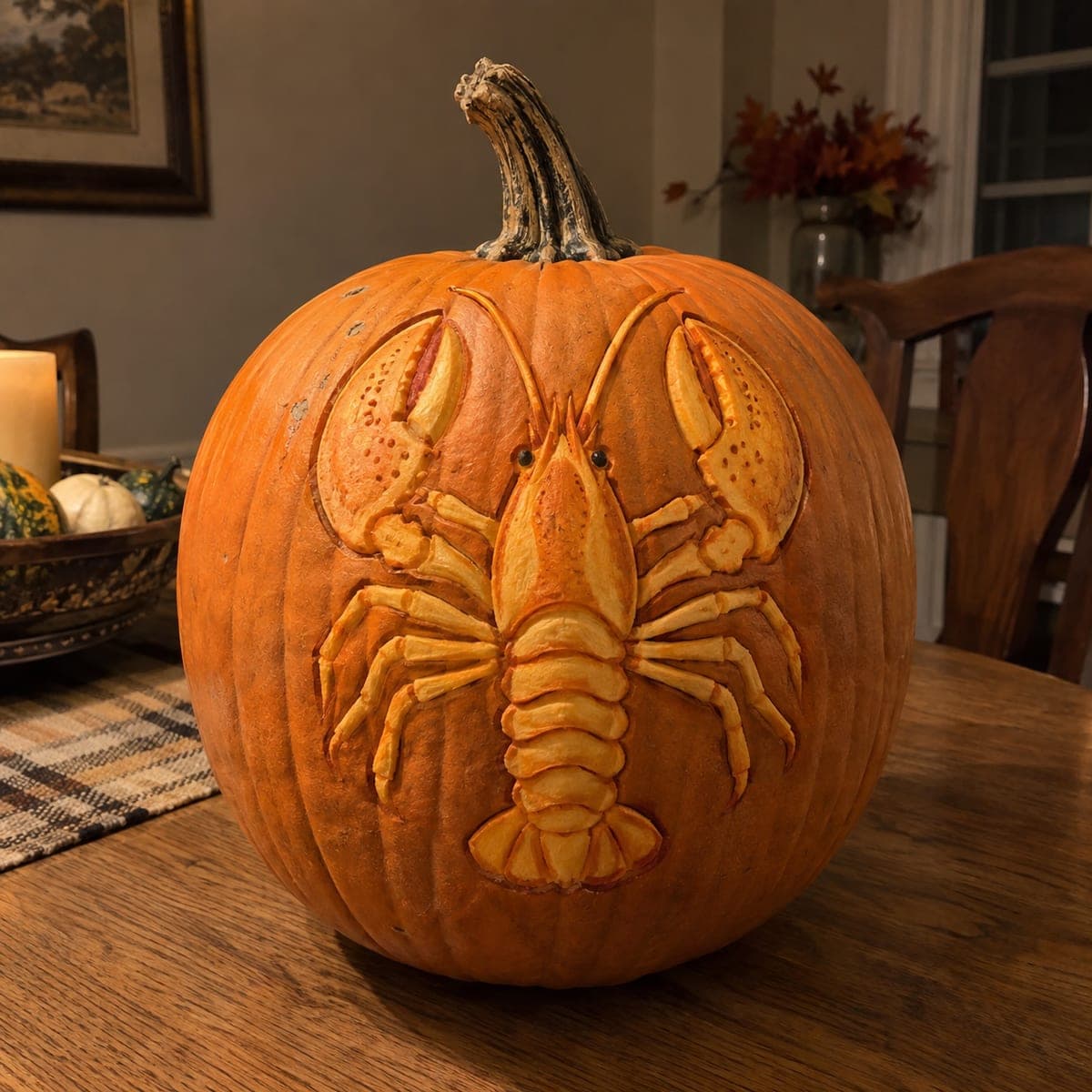 Detailed Lobster Pumpkin Carved in Low Relief