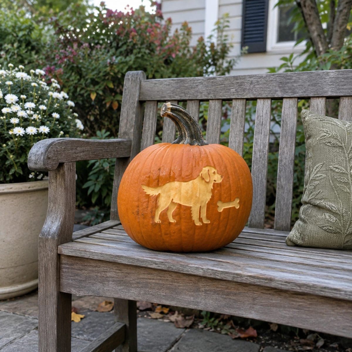 Golden Retriever and Bone Etched Pumpkin