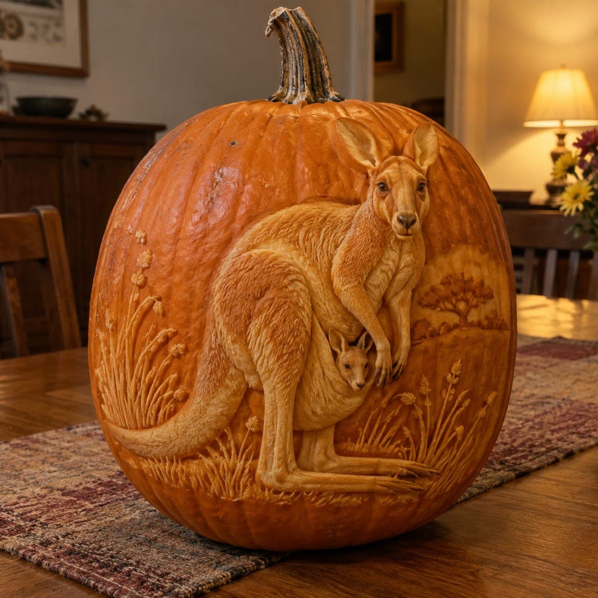 Kangaroo and Joey Relief Carved Pumpkin