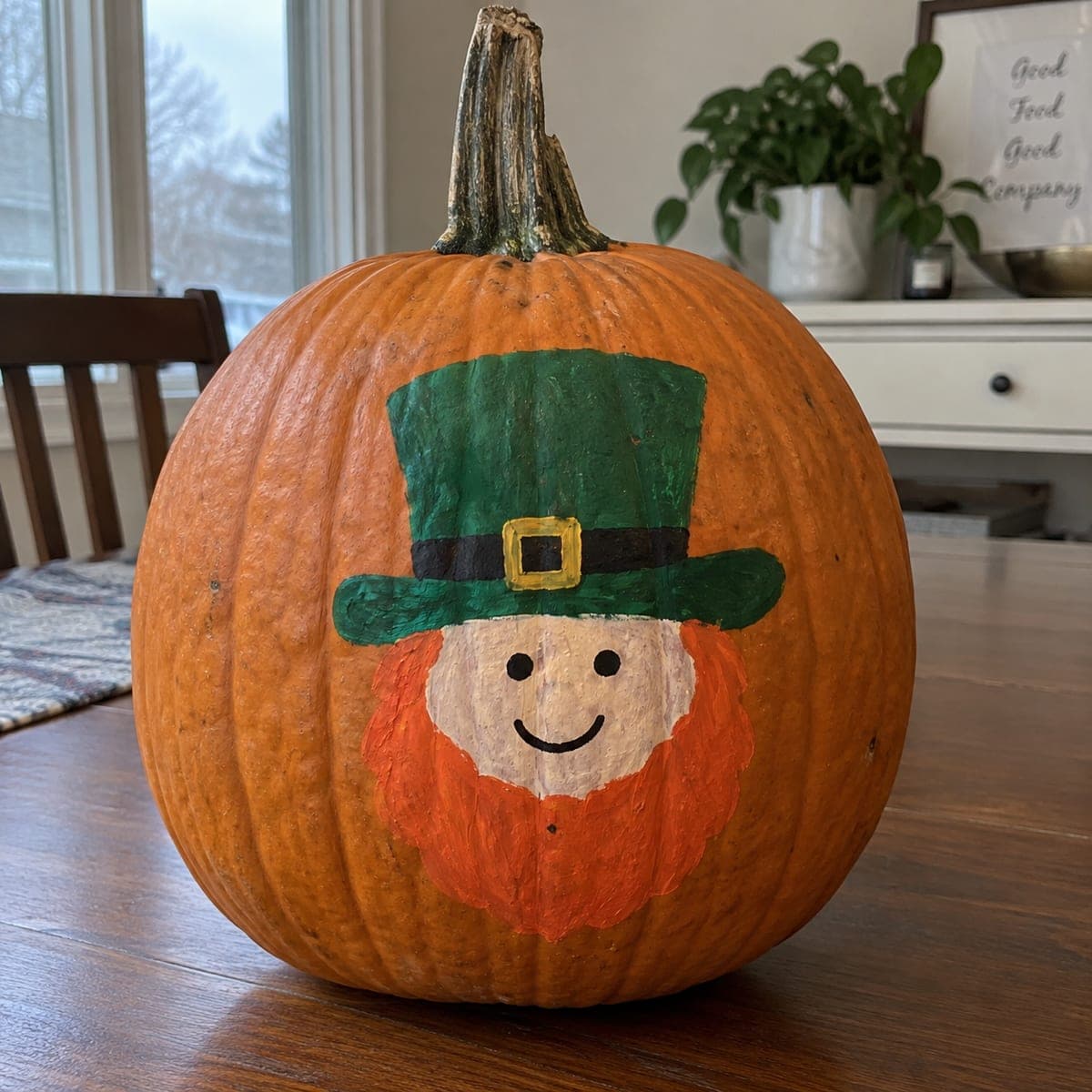 Leprechaun Face Painted Pumpkin With Green Top Hat