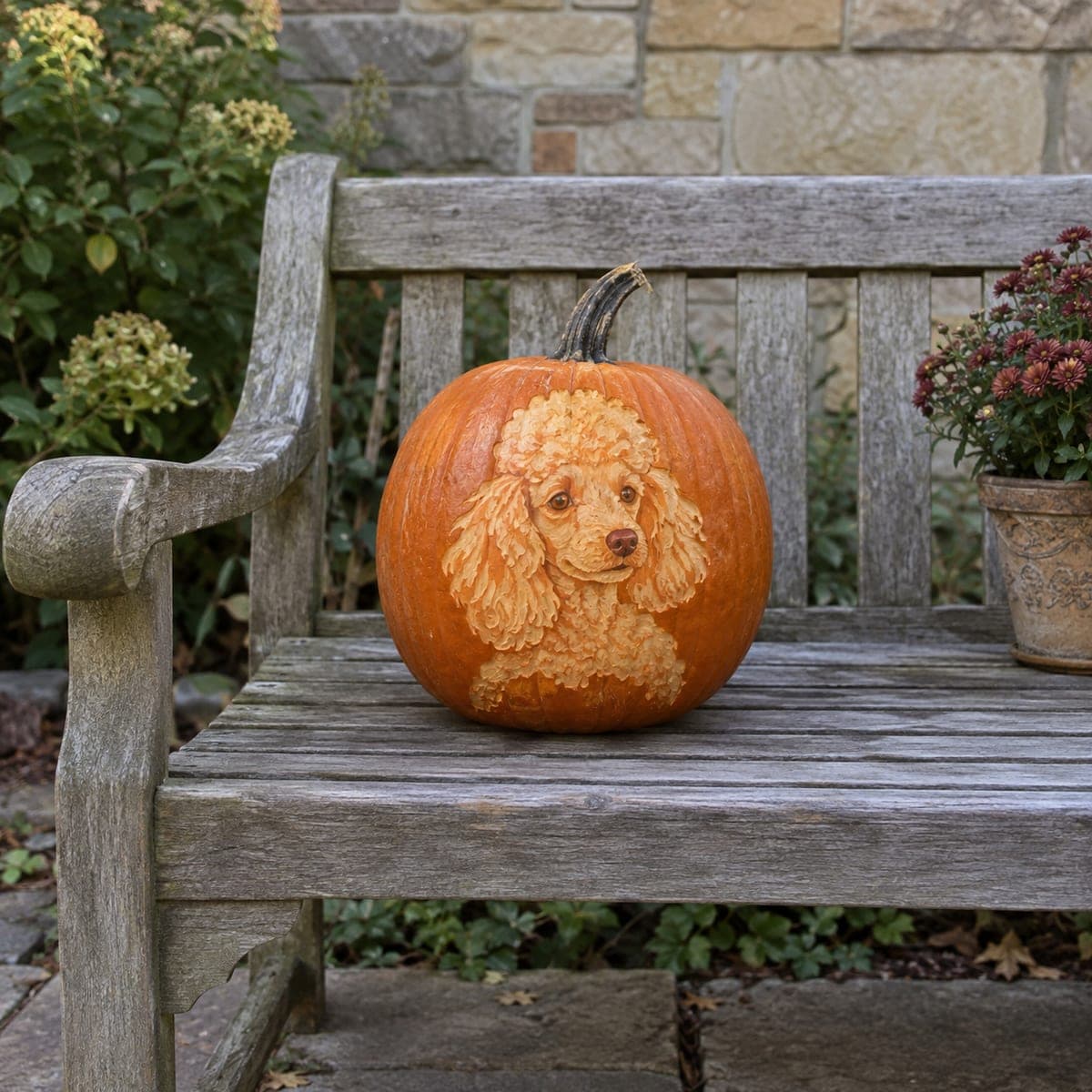 Curly Poodle Portrait Carved on a Pumpkin