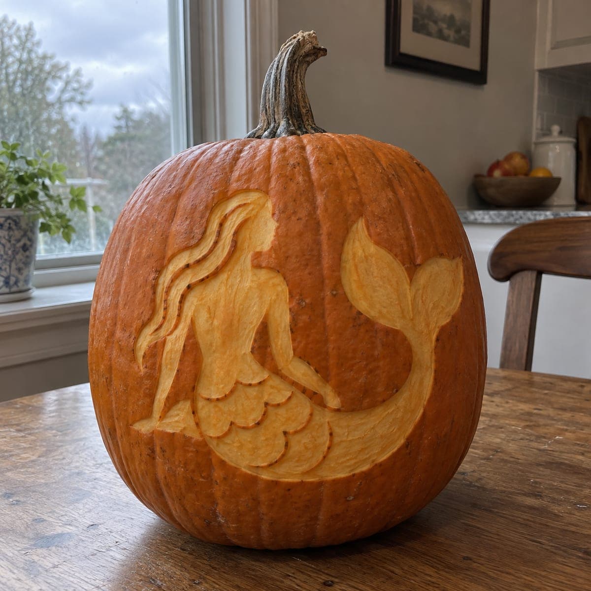 Mermaid Stencil Pumpkin Carving With Scalloped Tail